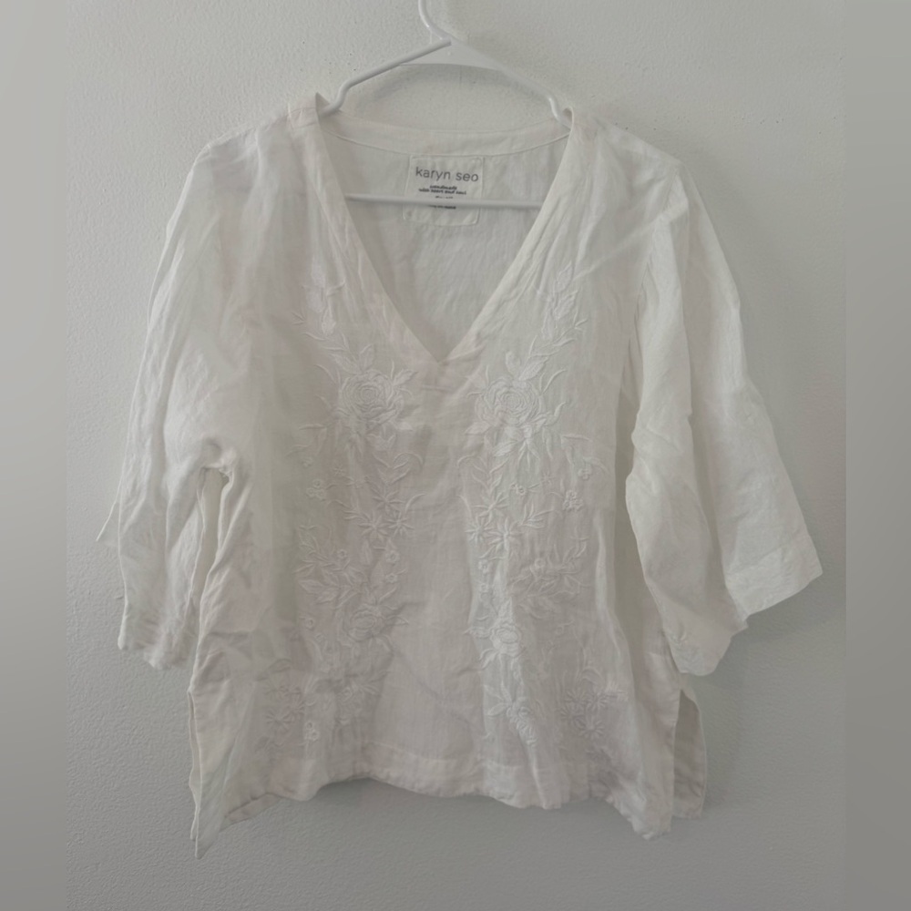 Karyn Seo Roxy Tonal Floral Embroidered V-Neck Linen Elbow Sleeve Boxy Top Small - Picture 1 of 11